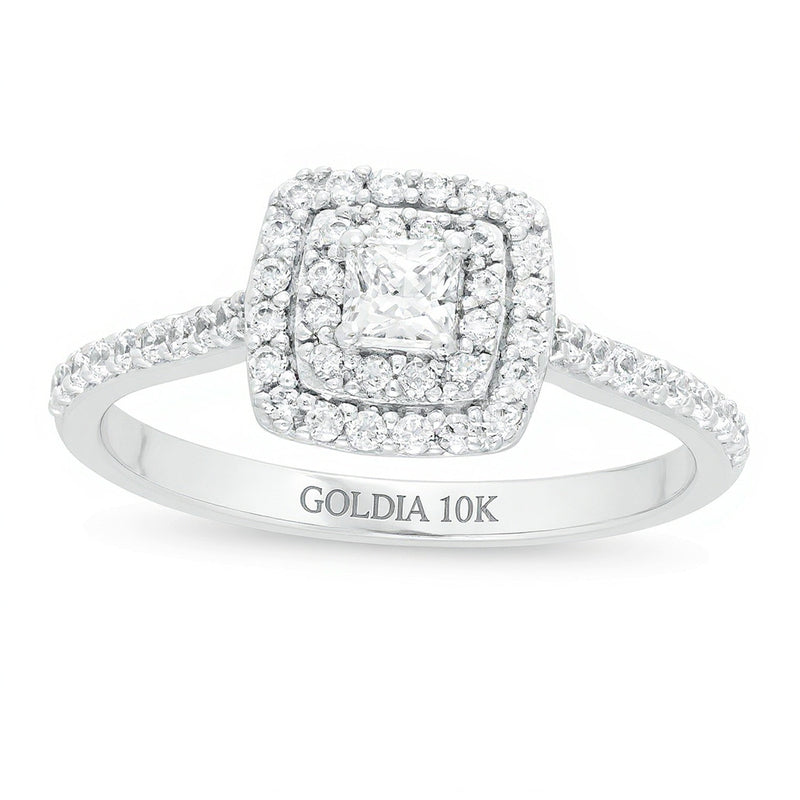 0.5 ct. Gesamtgewicht Verlobungsring mit Diamanten im Princess- und Rundschliff, Halo-Design, in 10K Weißgold
