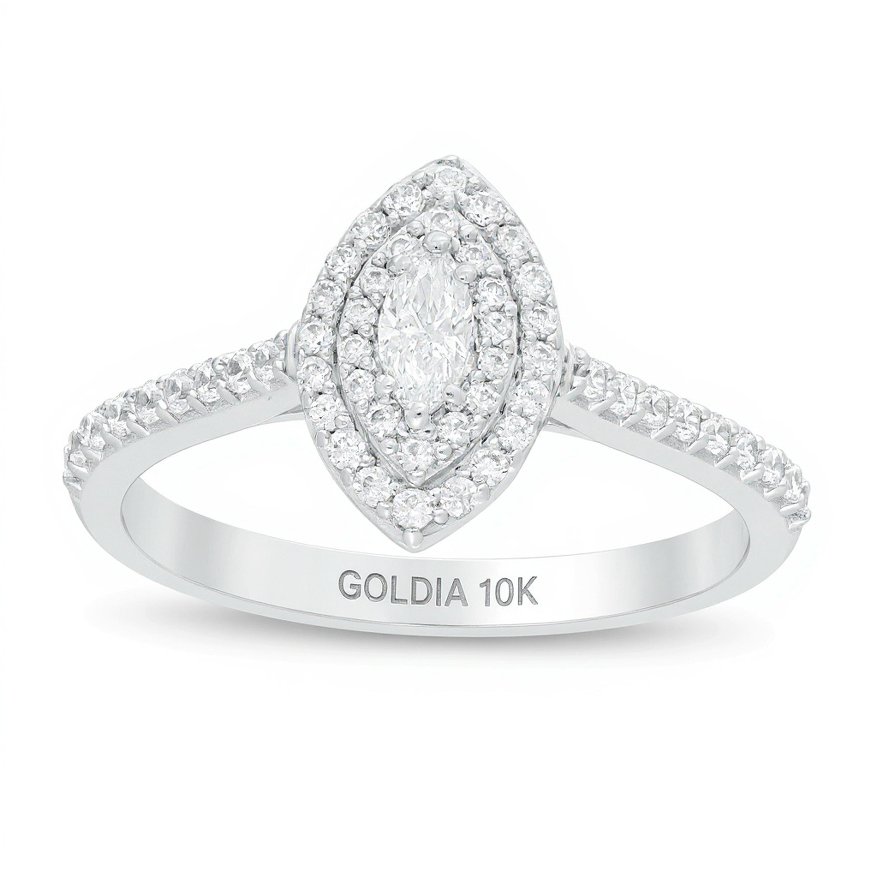 0,5 ct. Gesamtgewicht Verlobungsring mit Diamanten im Marquise-Schliff und doppeltem Halo aus 10K Weißgold