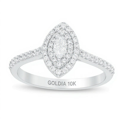 0,5 ct. Gesamtgewicht Verlobungsring mit Diamanten im Marquise-Schliff und doppeltem Halo aus 10K Weißgold