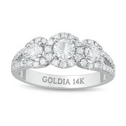 1.0 ct. Gesamtgewicht Dreistein-Verlobungsring mit runden weißen Diamanten in 14K Weißgold für Damen