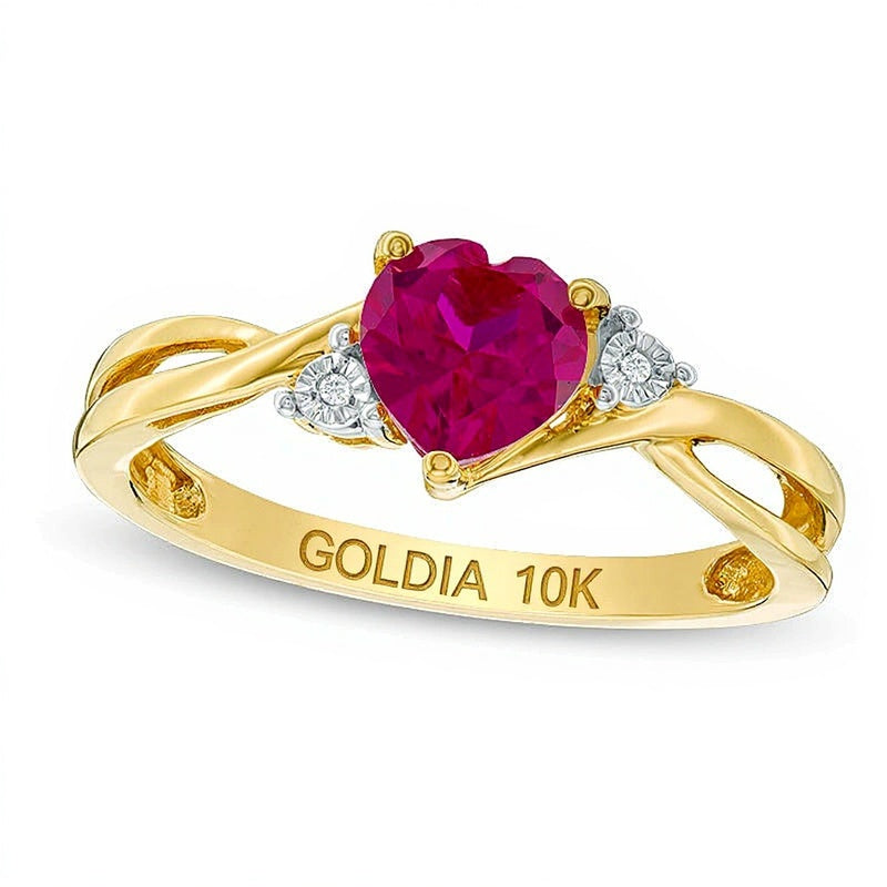 Fashion-Ring mit herzförmigem Labor-Rubin 6.0mm und Diamant-Besatz in 10K Gelbgold