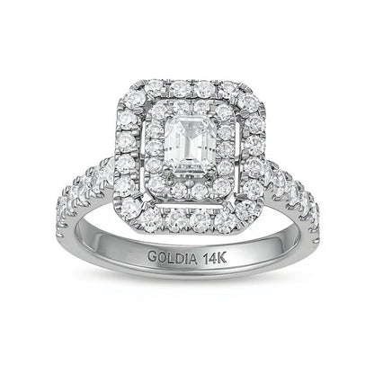 Verlobungsring mit Diamant im Smaragdschliff 1.5 ct. Gesamtgewicht, doppelter Halo, in 14K Weißgold (I/SI2)