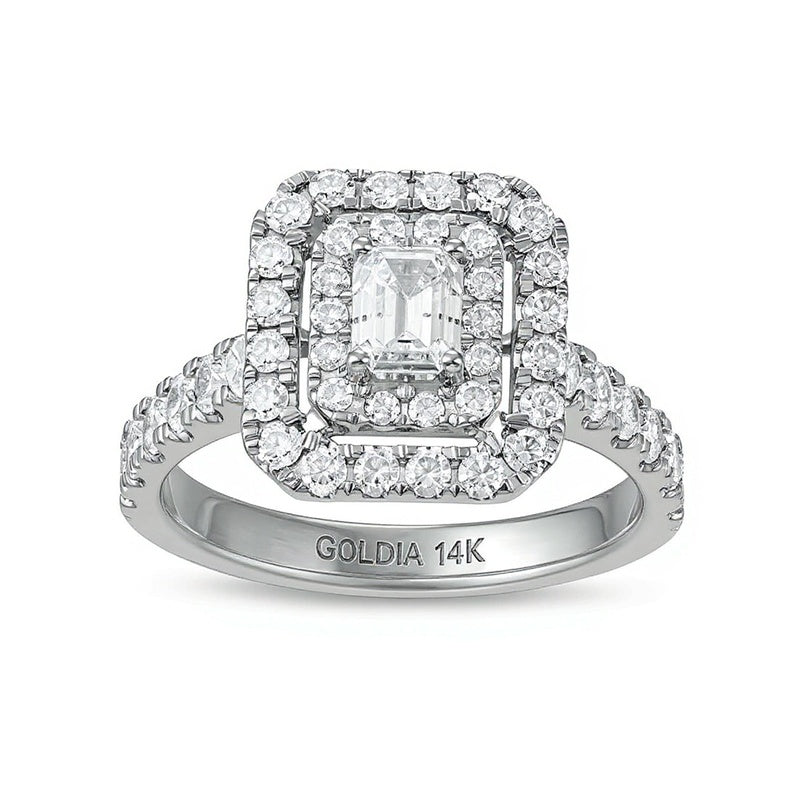 Verlobungsring mit Diamant im Smaragdschliff 1.5 ct. Gesamtgewicht, doppelter Halo, in 14K Weißgold (I/SI2)