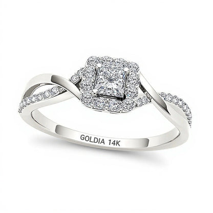 0,5 ct. Gesamtgewicht Verlobungsring mit Diamanten im Princess-Schliff und quadratischem Halo in 14K Weißgold