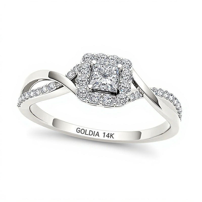 0,5 ct. Gesamtgewicht Verlobungsring mit Diamanten im Princess-Schliff und quadratischem Halo in 14K Weißgold
