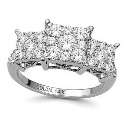 Dreistein-Ring mit Diamanten im Rund- und Princess-Schliff 1.0 ct. Gesamtgewicht in 14K Weißgold