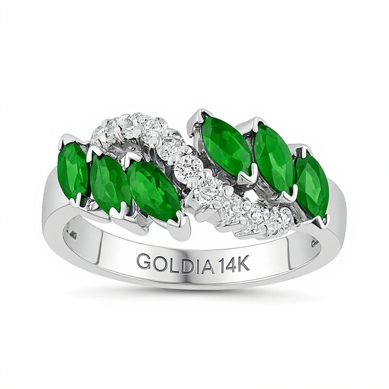 Fashion-Ring mit Smaragd im Marquise-Schliff und 0,25 ct. Gesamtgewicht Diamanten in 14K Weißgold