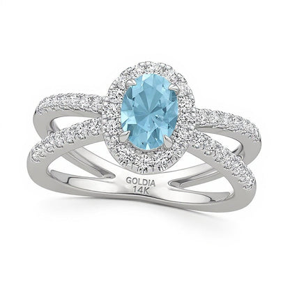 Ring mit ovalem Aquamarin und 0,33 ct. Gesamtgewicht Labordiamanten in 14K Weißgold