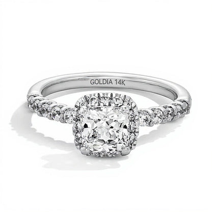 1.5 CT. Gesamtgewicht Halo-Ring mit Labordiamant im Kissenschliff in 14K Weißgold (F/SI2)