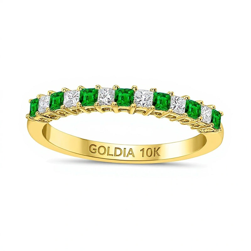 Memoire-Ring mit Smaragd im Princess-Schliff und Diamant im Princess-Schliff 0,2 ct. Gesamtgewicht im Wechsel in 10K Gelbgold