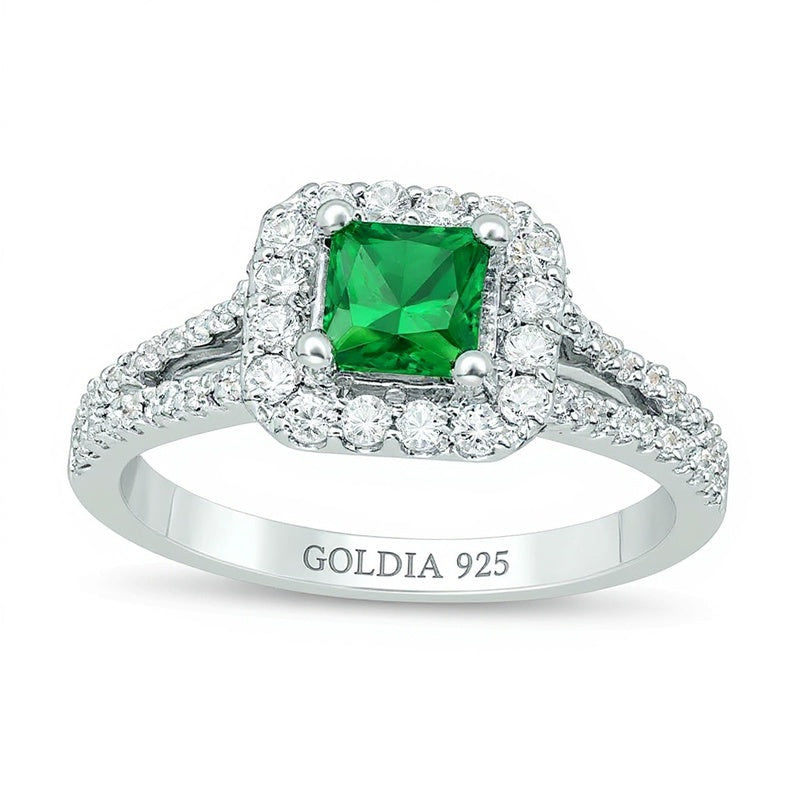 Verlobungsring mit Labor-Smaragd im Princess-Schliff, weißem Saphir und Diamant 0.25 ct. Gesamtgewicht im Halo aus Sterlingsilber