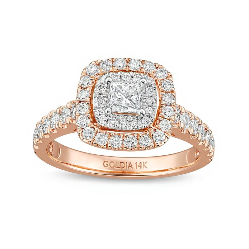 Halo-Verlobungsring 1.0 CT. TW mit Diamanten im Princess- und Rundschliff in 14K Roségold (I/I2)