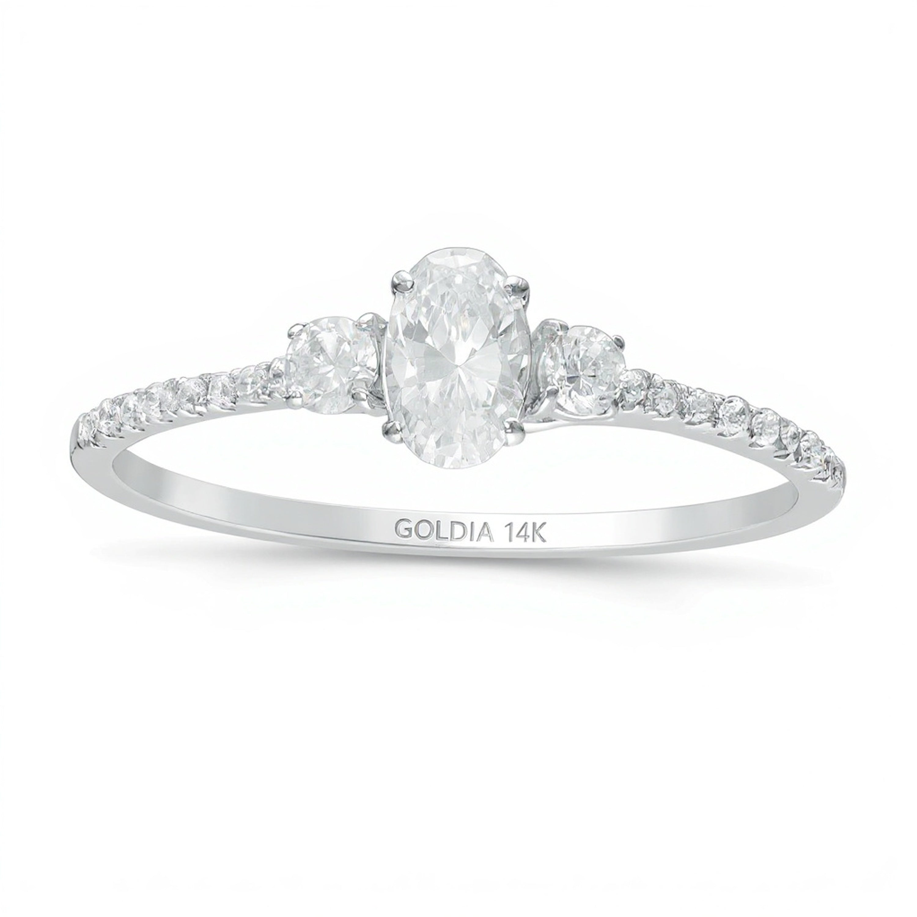 Dreistein-Verlobungsring 0,63 ct. Gesamtgewicht mit Diamanten im Oval- und Rundschliff in 14K Weißgold