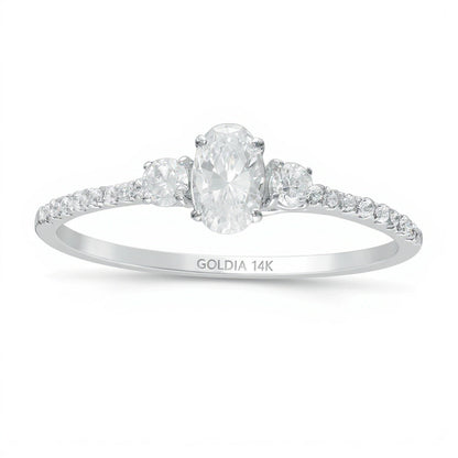 Dreistein-Verlobungsring 0,63 ct. Gesamtgewicht mit Diamanten im Oval- und Rundschliff in 14K Weißgold