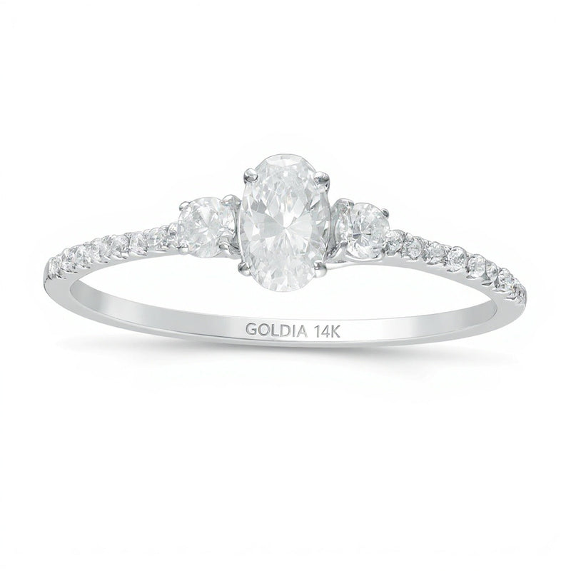 Dreistein-Verlobungsring 0,63 ct. Gesamtgewicht mit Diamanten im Oval- und Rundschliff in 14K Weißgold