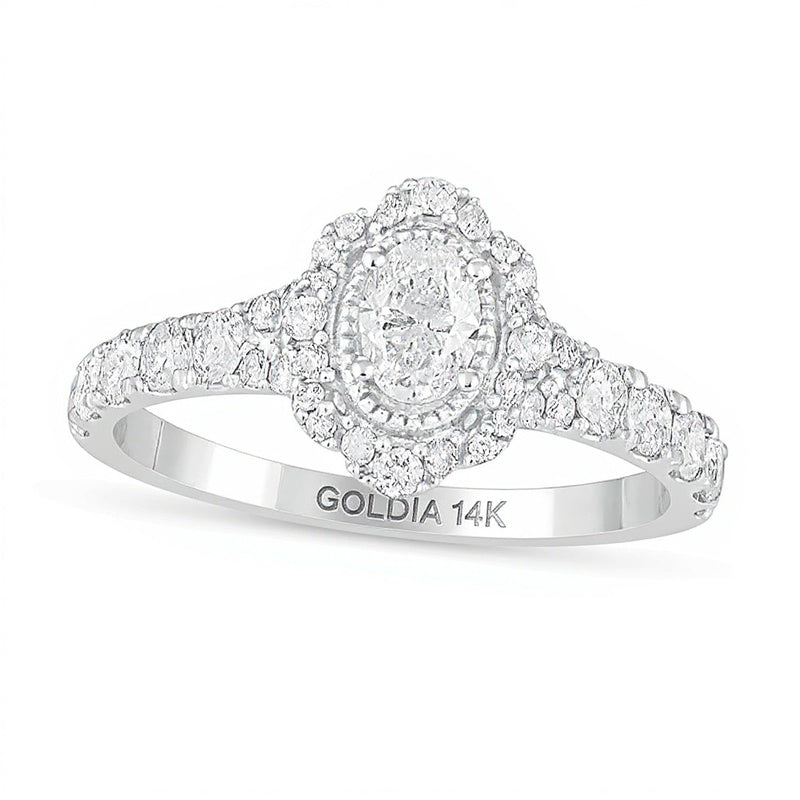 Halo-Verlobungsring mit ovalem Diamant im Vintage-Stil, 1.0 ct. Gesamtgewicht, in 14K Weißgold