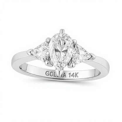 Dreistein-Verlobungsring mit Diamanten im Tropfen- und Trillionschliff 1.5 CT. Gesamtgewicht in 14K Weißgold (I/SI2)