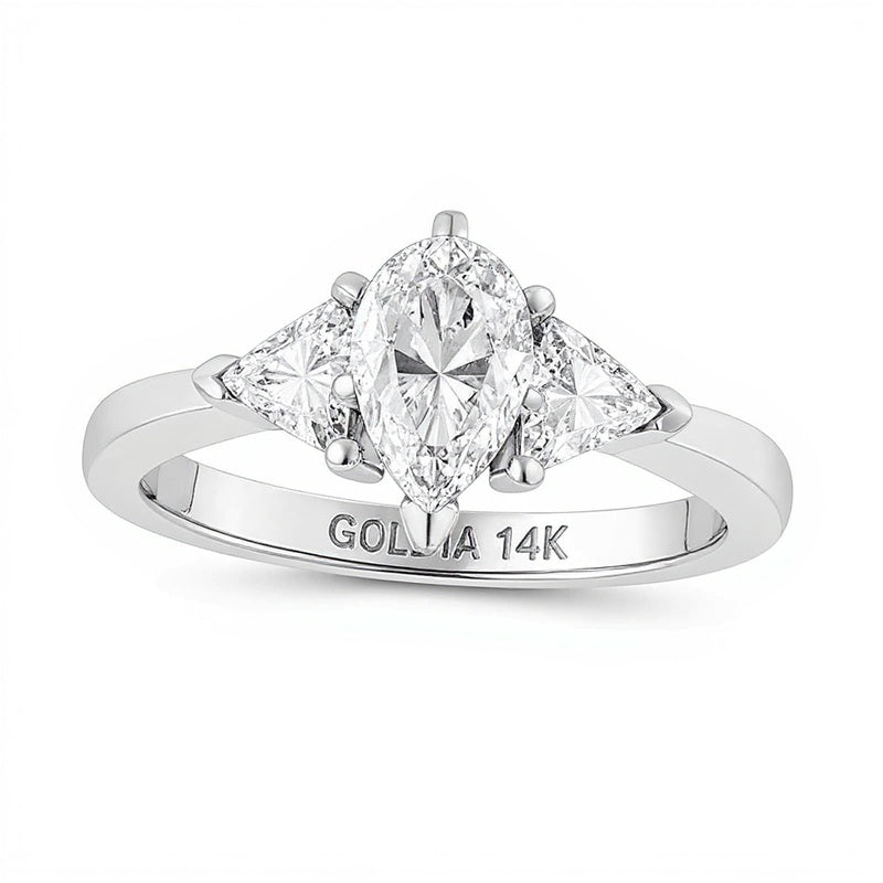 Dreistein-Verlobungsring mit Diamanten im Tropfen- und Trillionschliff 1.5 CT. Gesamtgewicht in 14K Weißgold (I/SI2)