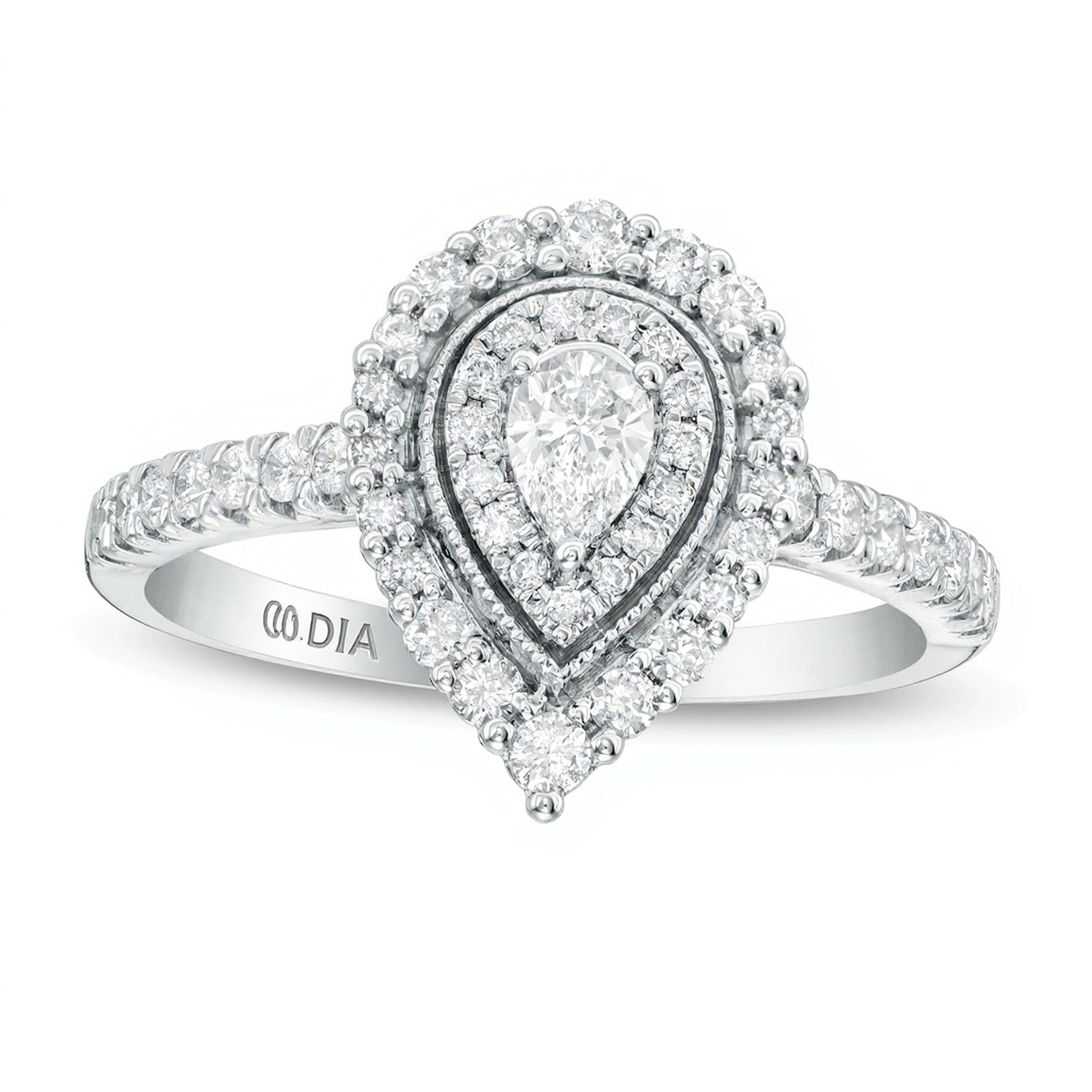 0,63 ct. Gesamtgewicht Verlobungsring im Vintage-Stil mit tropfenförmigem Diamant und doppeltem Halo in 10K Weißgold