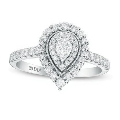 0,63 ct. Gesamtgewicht Verlobungsring im Vintage-Stil mit tropfenförmigem Diamant und doppeltem Halo in 10K Weißgold