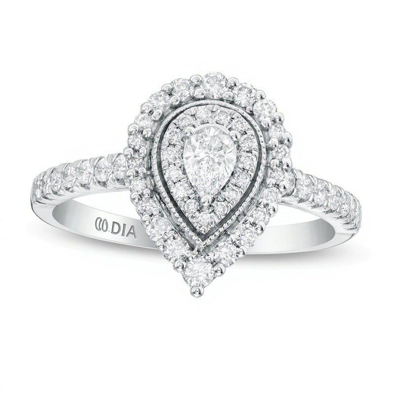 0,63 ct. Gesamtgewicht Verlobungsring im Vintage-Stil mit tropfenförmigem Diamant und doppeltem Halo in 10K Weißgold