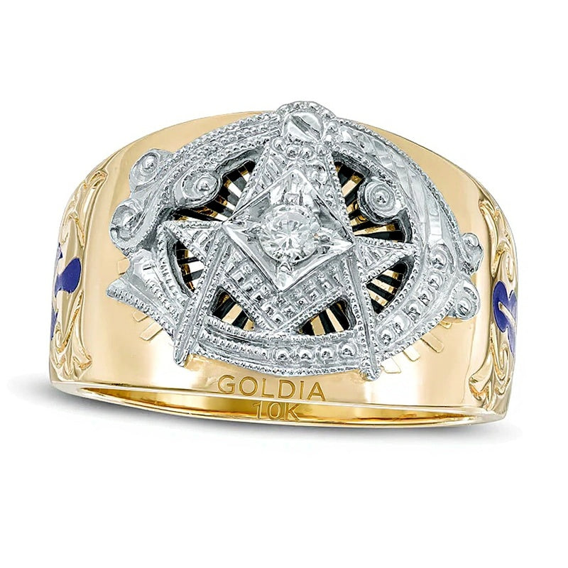 0.13 CT. Diamant-Freimaurerring mit Emaille in 10K Bicolor Gold