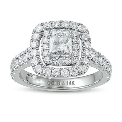 1.5 CT. Gesamtgewicht Halo-Verlobungsring mit Diamanten im Princess- und Rundschliff in 14K Weißgold (I/I2)