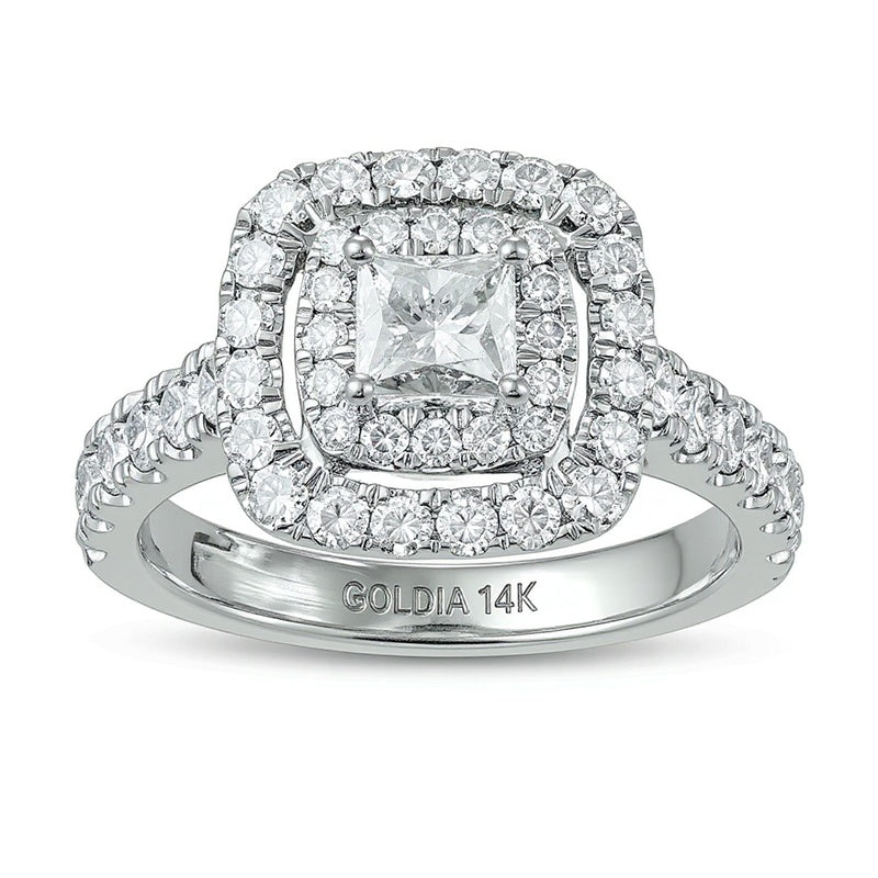 1.5 CT. Gesamtgewicht Halo-Verlobungsring mit Diamanten im Princess- und Rundschliff in 14K Weißgold (I/I2)
