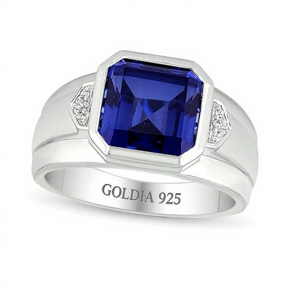 10.0mm Ring mit blauem Labor-Saphir im Radiant-Schliff und Diamant-Besatz in rhodiniertem Sterlingsilber