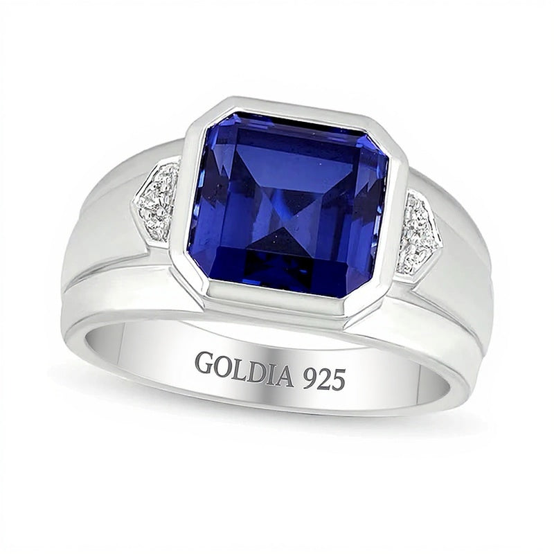 10.0mm Ring mit blauem Labor-Saphir im Radiant-Schliff und Diamant-Besatz in rhodiniertem Sterlingsilber