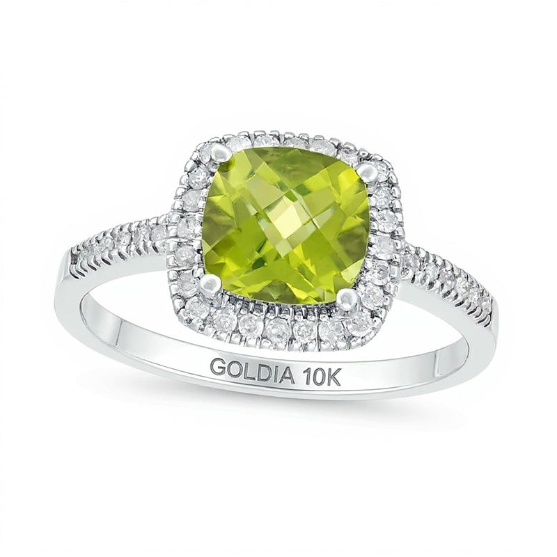 7,0mm Peridot im Kissenschliff und 0,2 ct. Gesamtgewicht Diamant Halo-Ring in 10K Weißgold