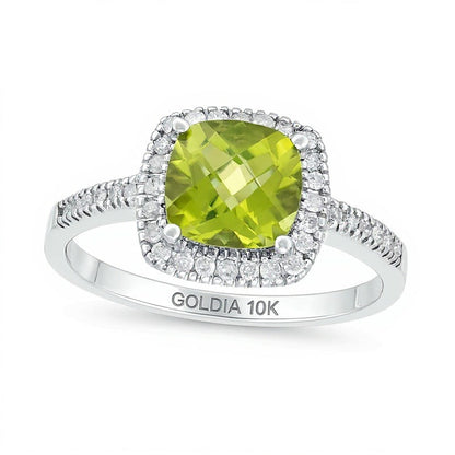 7,0mm Peridot im Kissenschliff und 0,2 ct. Gesamtgewicht Diamant Halo-Ring in 10K Weißgold