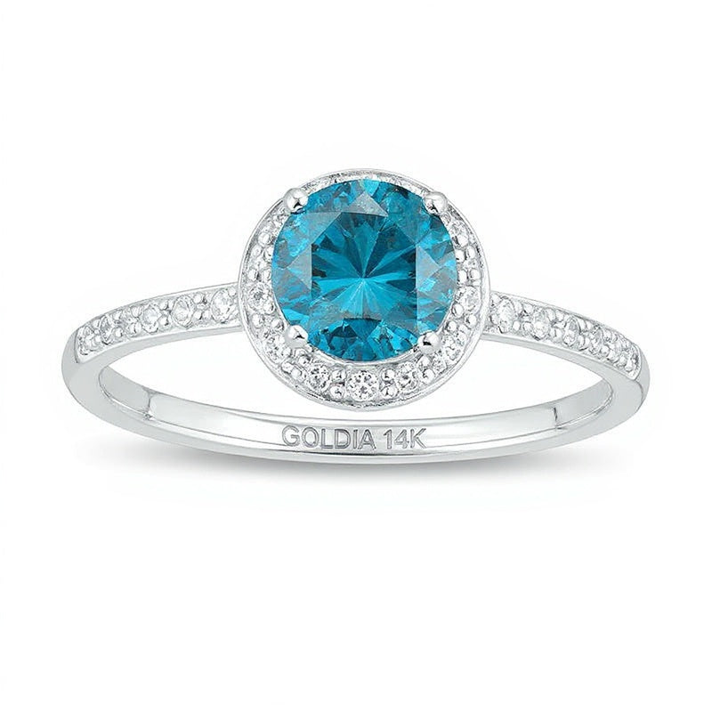 1.0 CT. TW Halo-Verlobungsring mit blauen und weißen Diamanten in 14K Weißgold