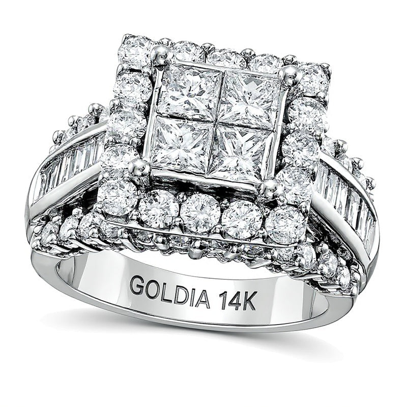 3.0 ct. Gesamtgewicht Verlobungsring mit vier Diamanten im Princess- und Baguette-Schliff in 14K Weißgold