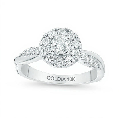 0.88 ct. Gesamtgewicht Diamant Halo Verlobungsring mit gedrehter Ringschiene in 10K Weißgold