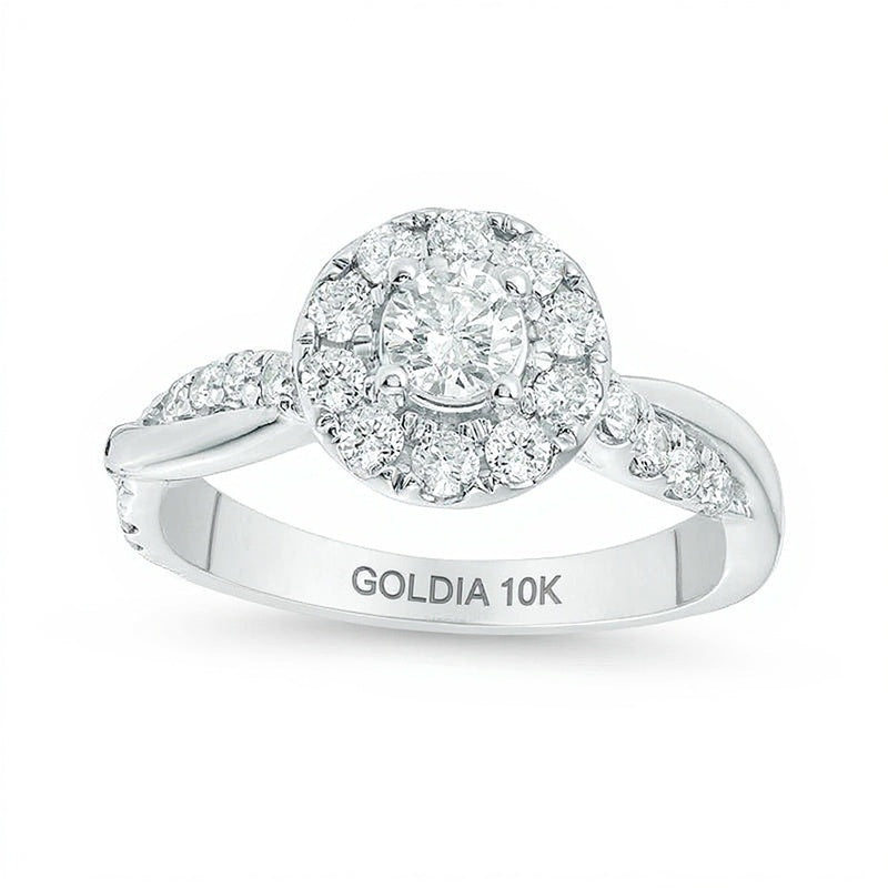 0.88 ct. Gesamtgewicht Diamant Halo Verlobungsring mit gedrehter Ringschiene in 10K Weißgold