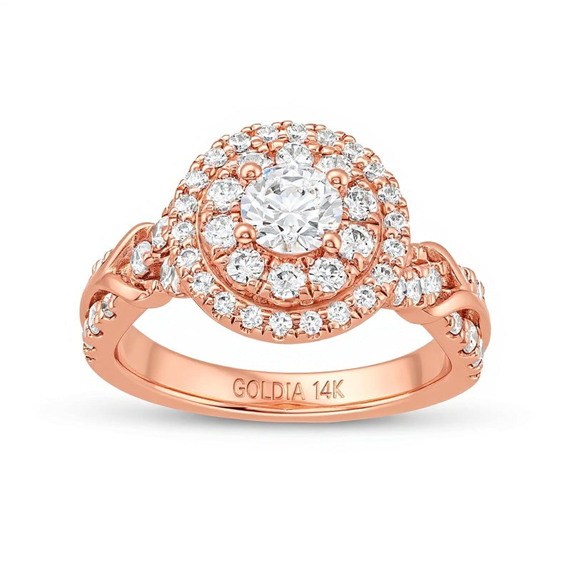 1.5 CT. Gesamtgewicht Diamant Verlobungsring mit ovalem Halo und doppelter Reihe in 14K Roségold (I/I2)