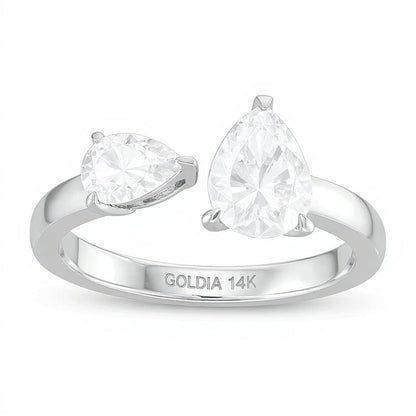 Verlobungsring Toi et Moi mit tropfenförmigen Diamanten 1,5 ct. Gesamtgewicht und offener Ringschiene in 14K Weißgold