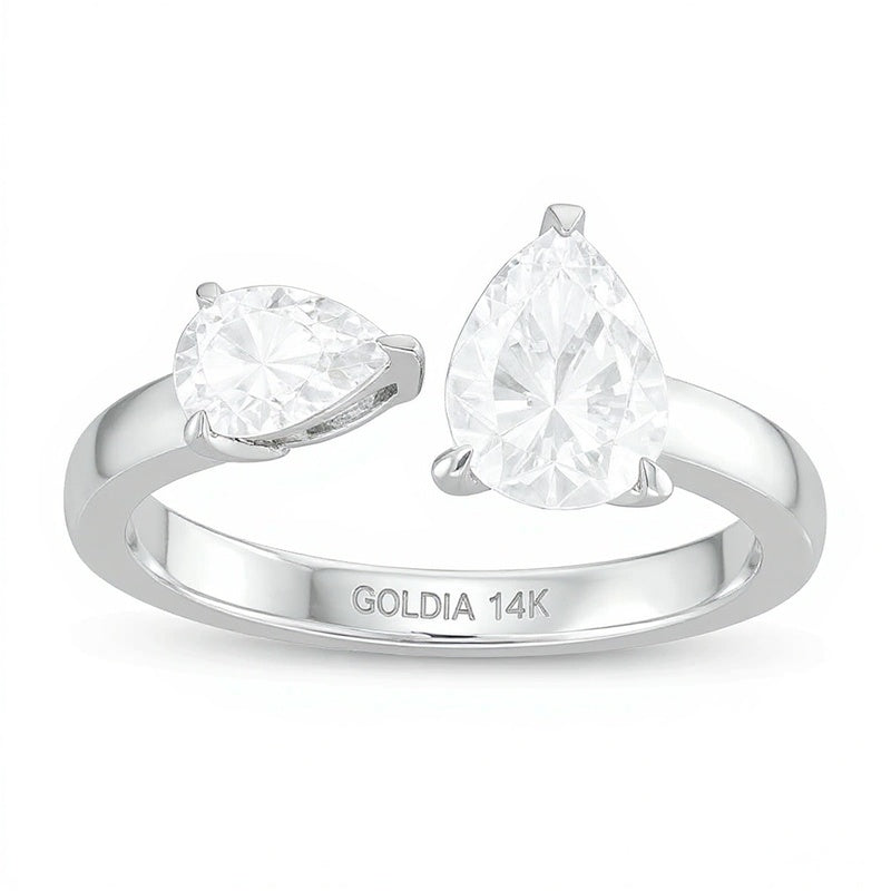 Verlobungsring Toi et Moi mit tropfenförmigen Diamanten 1,5 ct. Gesamtgewicht und offener Ringschiene in 14K Weißgold