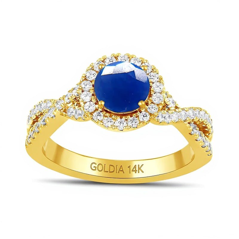6,0mm blauer Saphir und Labordiamant 0,5 ct. Gesamtgewicht Fashion-Ring mit Halo und Crossover-Schiene in 14K Gelbgold