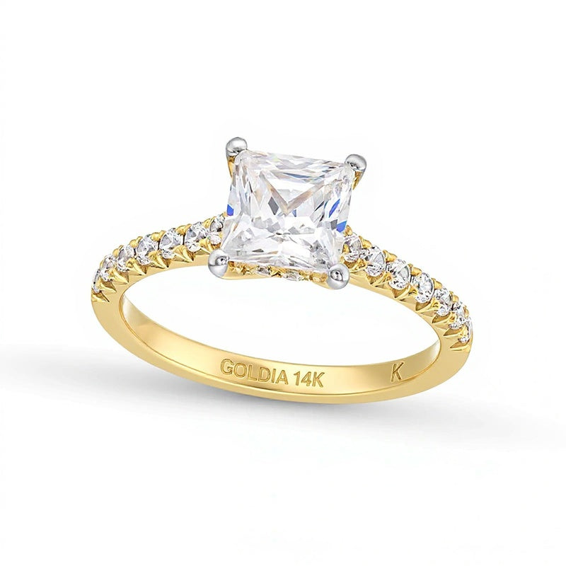 1,88 ct. Solitär mit seitlichem Besatz Verlobungsring mit Labordiamanten im Princess-Schliff in 14K Gelbgold (F/VS2)