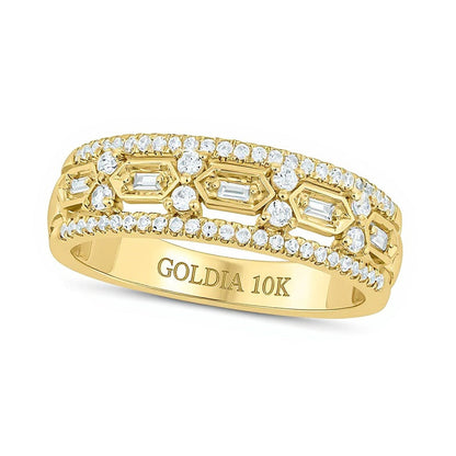 0,33 ct. Gesamtgewicht Diamant-Ring mit Hexagon-Stationen und Baguette- und Rundschliff in 10K Gelbgold