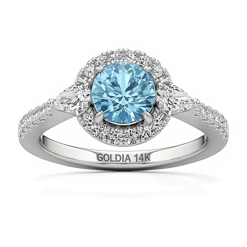 6,0mm Aquamarin und Labordiamant Ring 0,5 ct. Gesamtgewicht in 14K Weißgold
