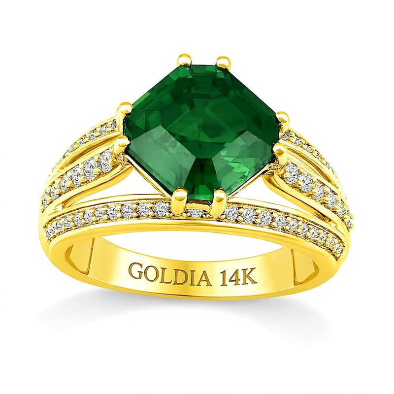 Fashion-Ring mit Labor-Smaragd im Octagon-Schliff und weißen Labor-Saphiren, mehrreihig, in 14K Weißgold