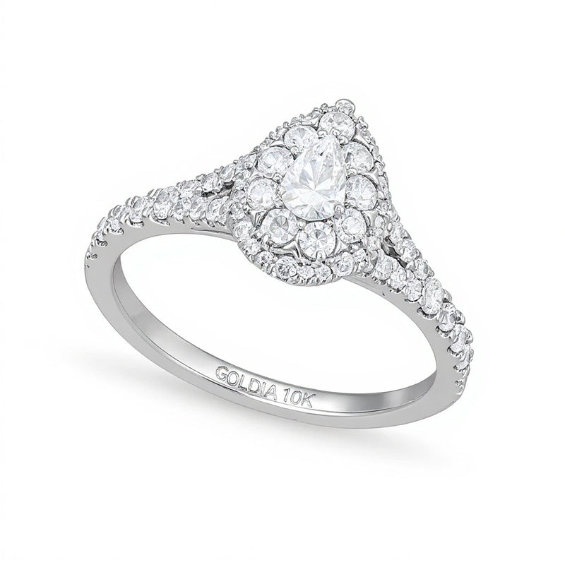 0,75 ct. Gesamtgewicht Verlobungsring mit Diamanten in Tropfen- und Rundschliff, Split-Shank, in 10K Weißgold
