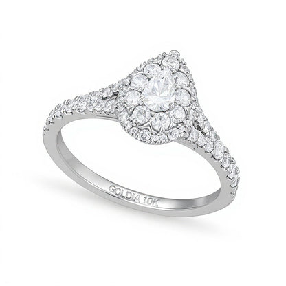 0,75 ct. Gesamtgewicht Verlobungsring mit Diamanten in Tropfen- und Rundschliff, Split-Shank, in 10K Weißgold