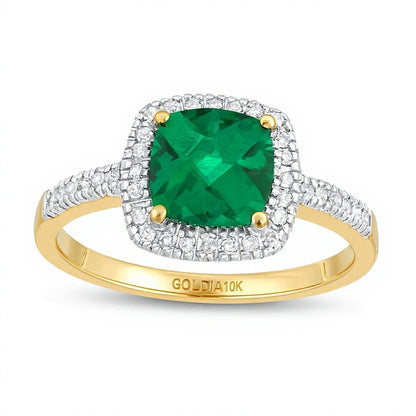 Fashion-Ring mit Smaragd im Kissenschliff (Labor, 7,0 mm) und 0,2 ct. Gesamtgewicht Diamanten in 10K Gelbgold