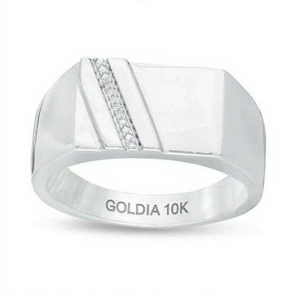 Rechteckiger Siegelring mit Diamant-Besatz in 10K Weißgold