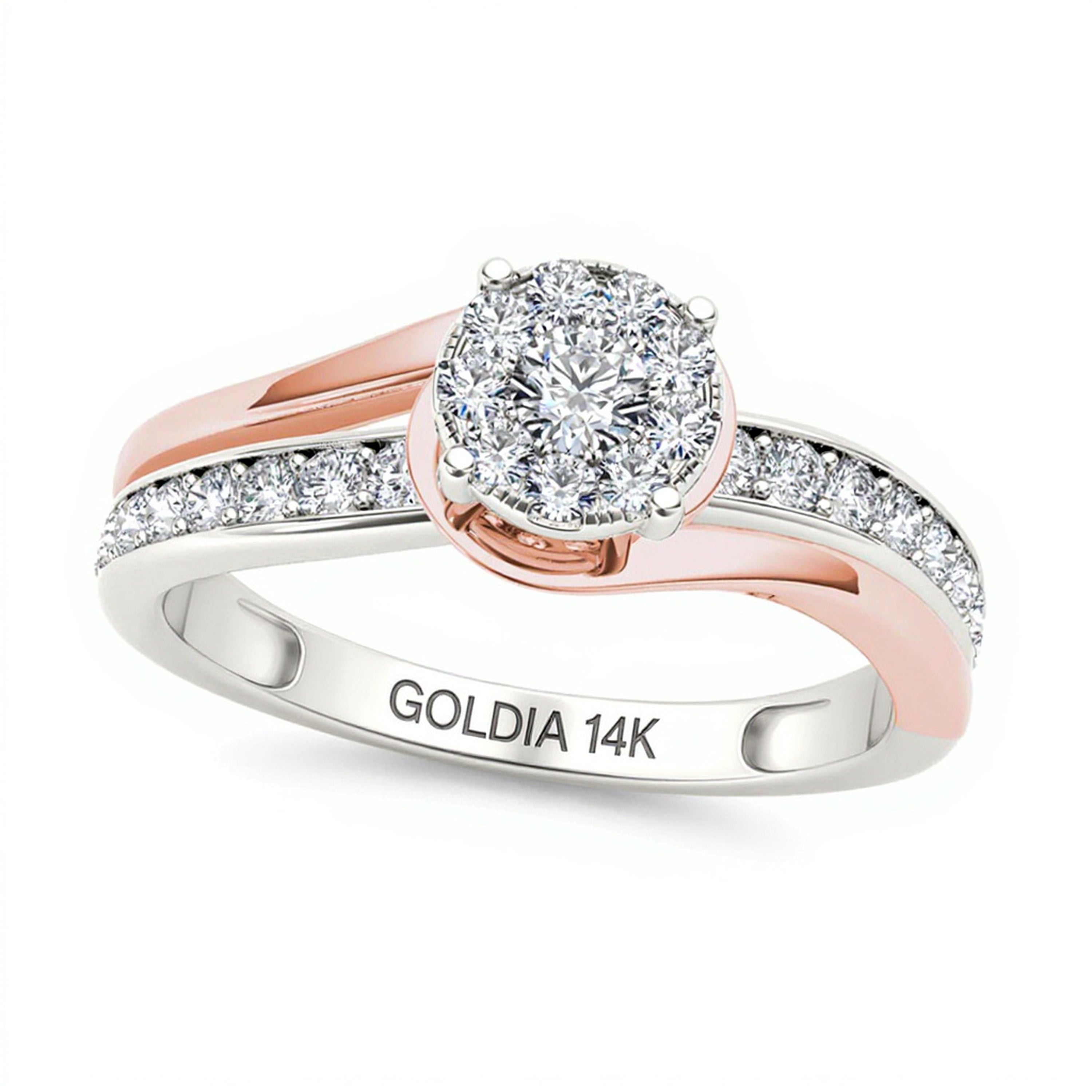 0.38 ct. Gesamtgewicht Diamant Halo Bypass Verlobungsring in 14K Bicolor Gold