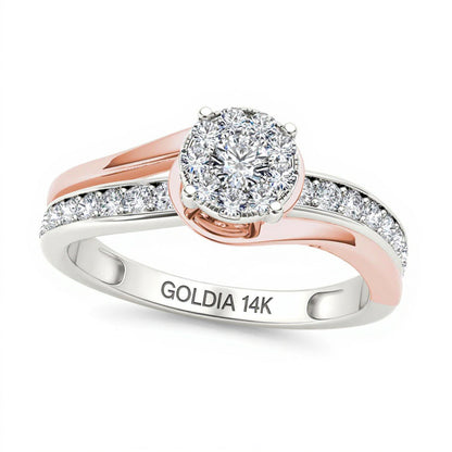 0.38 ct. Gesamtgewicht Diamant Halo Bypass Verlobungsring in 14K Bicolor Gold
